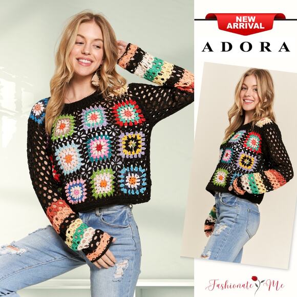 ADORA Lightweight Multicolor Floral Crochet Long Sleeves Cropped Sweater | Black - Picture 1 of 6